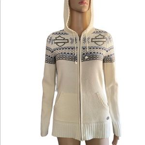 Harley Davison Cream Fitted long sleeve full zip up wool blend sweater hoodie